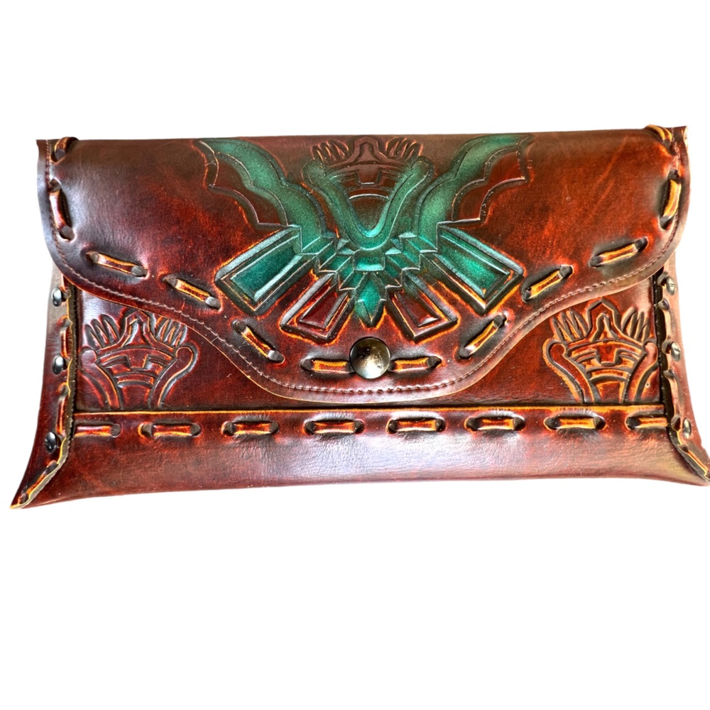 Vintage Jaclyn Inc Faux Leather Tooled Clutch/Handbag Tribal Design 11”x6”